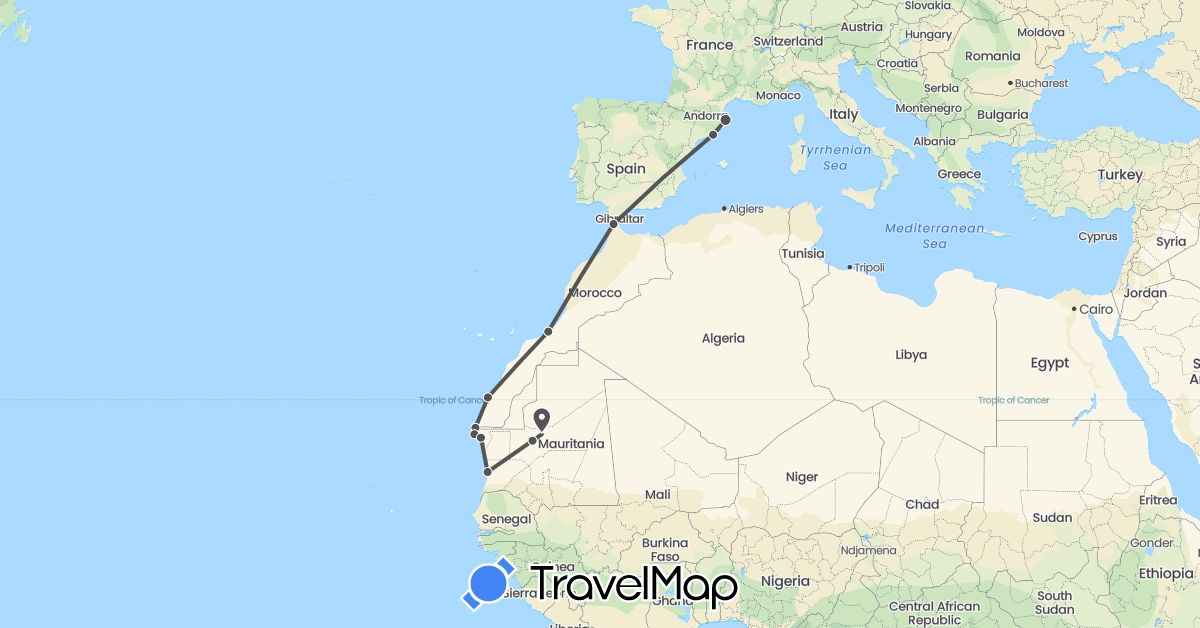 TravelMap itinerary: motorbike in Western Sahara, Spain, Morocco, Mauritania (Africa, Europe)